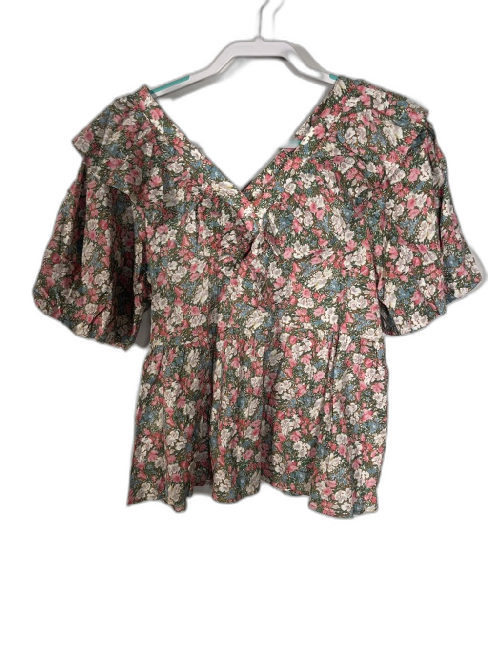 ENTRO WOMENS PINK BLUE FLORAL PUFF SLEEVE BLOUSE RUFFLE COLLAR LARGE